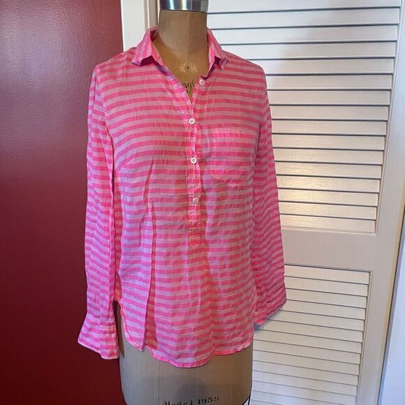 J CREW | semi sheer pink stripe popover long sleeve shirt 00 - Picture 1 of 6